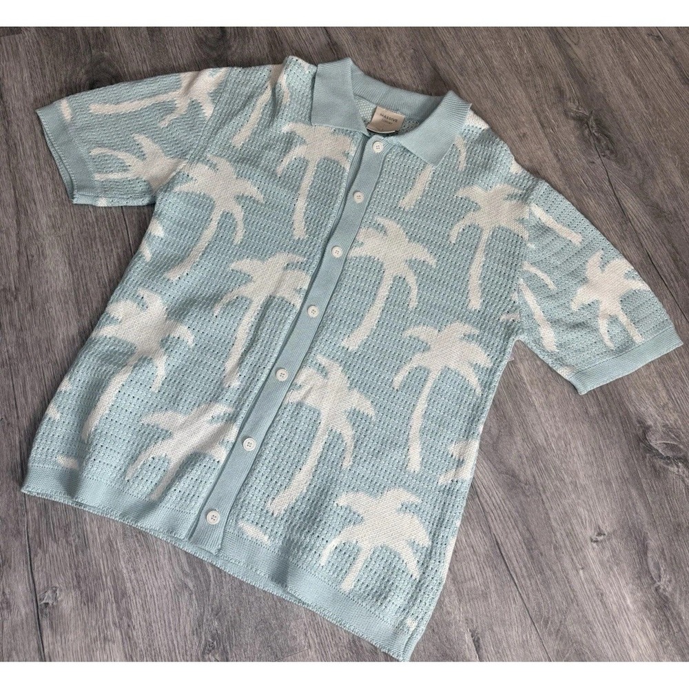 Retro Massive Luxury NYC Shirt Mens Large Palm Trees Knit Polo Teal Crochet MT16